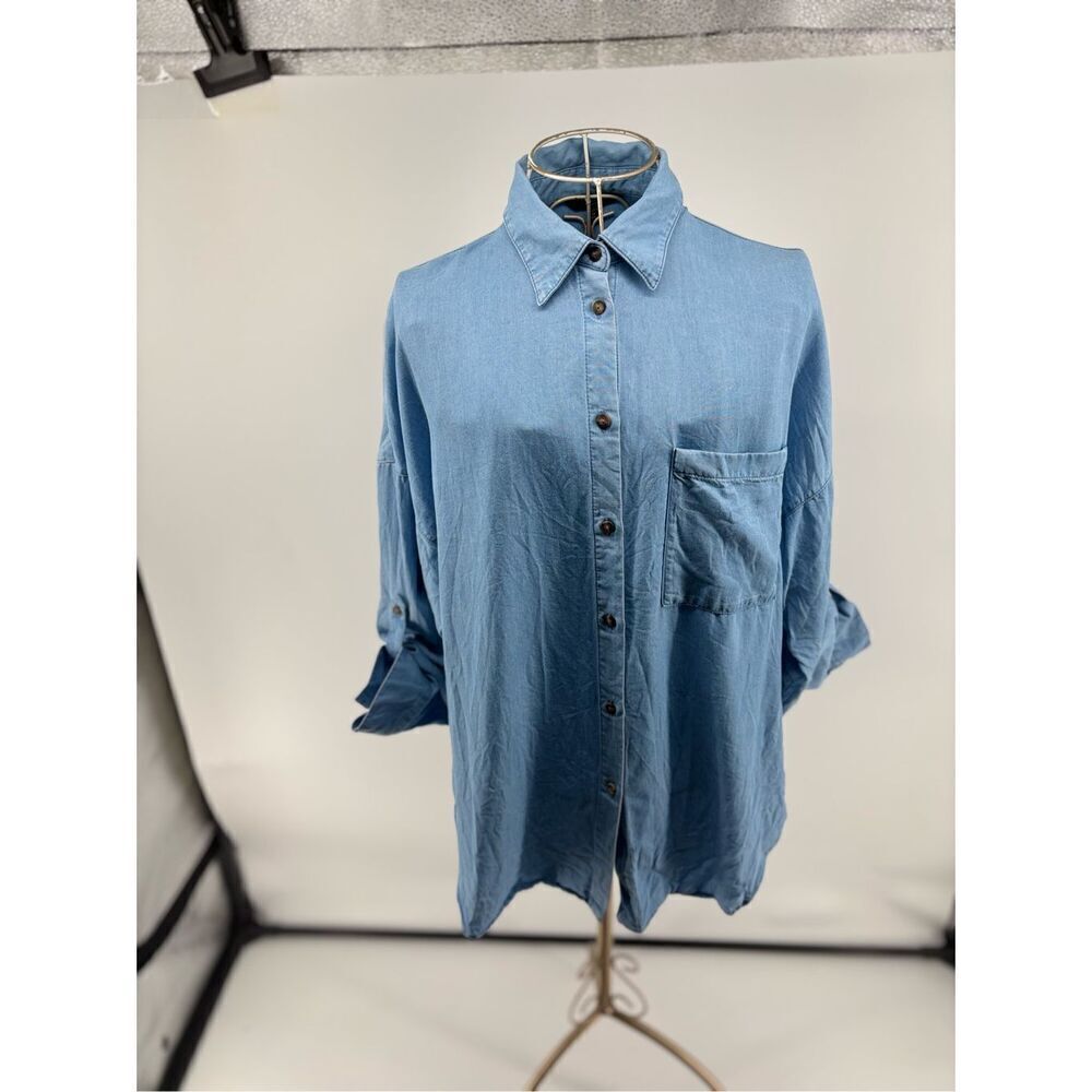 Massimo Dutti Blue Roll Up Sleeve Womens Button Up Shirt Size 2 Model 5185